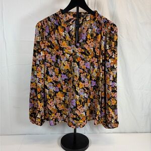 Zac & Rachel Floral V-Neck Blouse Long Sleeve Smocked Shoulder Size L